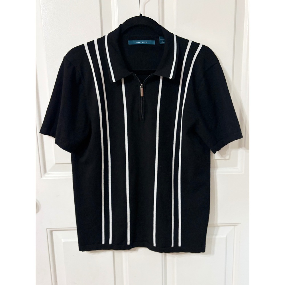 Perry Ellis | Short Sleeve Quarter Zip Striped Knit Polo | Size M || Black|